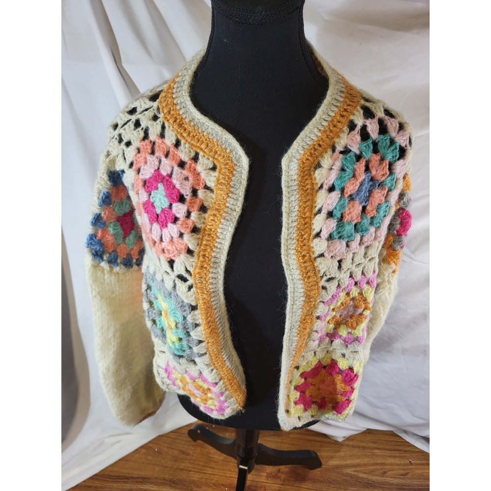 Pink Ripple Granny Square Open Front Cardigan Sweater Cropped Boho Hippie